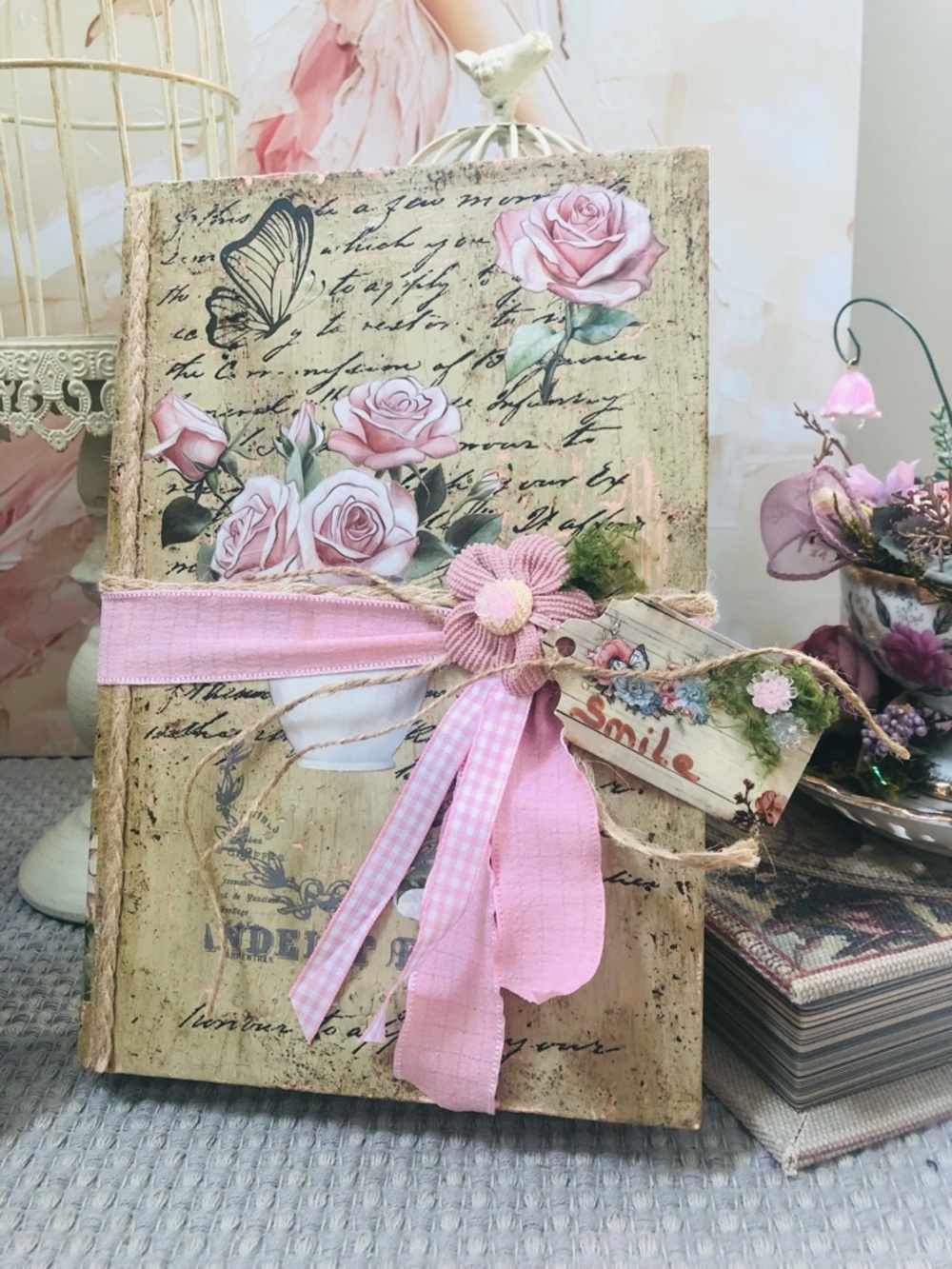 Hand Crafted Pink Rose Book with Ribbon and Floral Bow